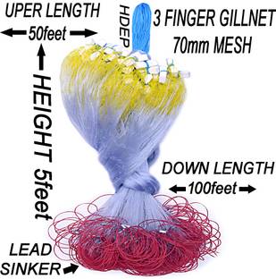 PURKAIT FISHNET 3 FINGER 70mm GILLNET LEAD SINKER, HEIGHT 4F, UP LENGHT 50F, DOWN LENGHT 100F Fishing Net