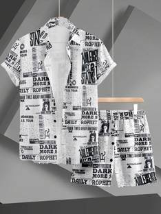 flying queen Men Printed White Top & Shorts Set