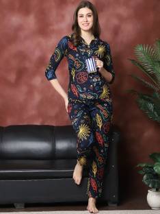 Claura Women Printed Dark Blue Shirt & Pyjama set