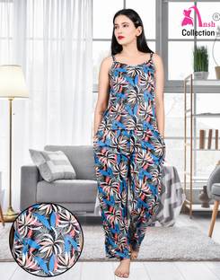 Ansh Collection Women Self Design, Colorblock, Floral Print Blue Night Suit Set