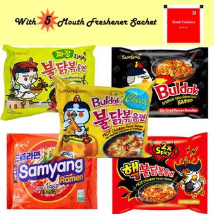 Samyang 5 Noodles Combo-Jjajang, 2X Spicy, Stir Fried, Ramen, Cheese + 5 Mouth Freshener Instant Noodles Non-vegetarian