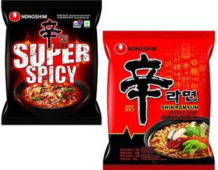 Nongshim Red Super Spicy & Kimchi Korean Style Instant Noodles (2X120g) ( Combo Pack) (Pack Of 2) Instant Noodles Non-vegetarian