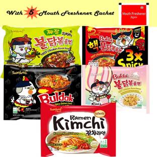 Samyang Combo-5 Noodles-Jajjang,3X,Stir Fried,CreamyCarbonara&Kimchi +5Mouth Freshener Instant Noodles Non-vegetarian