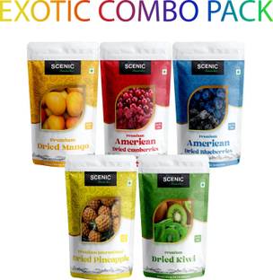 SCENIC Snacks EXOTIC DRIED BLUEBERRY CRANBERRY KIWI PINEAPPLE MANGOCOMBO (100 G*5) Cranberries, Blueberry, Kiwi, Pineapple, Mango