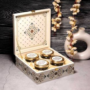 Sonature Mix Dry Fruit Gift Pack White Flower 4 Glass Jars with Wooden Box