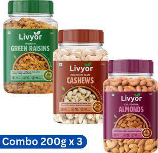 LIVYOR Raw Cashews, Almonds, Raisins (3 x 200g ) | Mix Dry Fruits Combo Pack Cashews, Almonds, Raisins