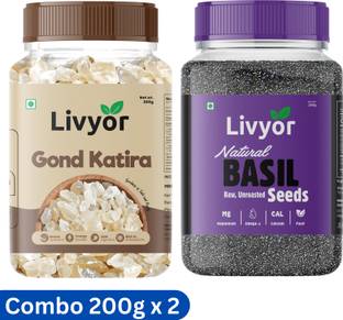 LIVYOR Gond Katira and Basil Seeds Combo Pack 200g x 2 | Sabja Seeds Assorted Seeds & Nuts