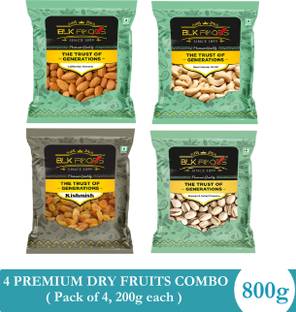 BLK FOODS Dry fruits combo pack of Kaju Badam Pista Kishmish (4 x 200 g) 800 gm Cashews, Almonds, Pistachios, Raisins
