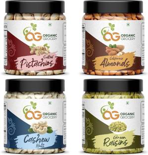 Organic Grocery Almonds, Cashews, Raisin, Roasted Pistachio (100g Each (Pack Of 4) Assorted Nuts