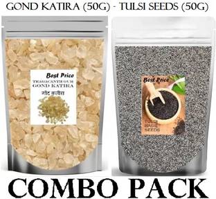 Best Price Summer Combo - Tulsi/Sabja Seeds 50Gm & Gond Katira 50 Gm | For Summer Hydration Dried Gum