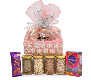 Glossary DRY FRUIT & NUT AND CELEBRATION &SILK GIFT HAMPER/BASKET/BOX/PACK 500GM Cashews, Almonds, Pistachios, Raisins