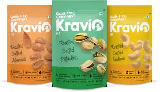Kravio Combo Pack Roasted Salted Pistachios, Almonds & Cashews (200 Gram Each) Cashews, Almonds, Pistachios