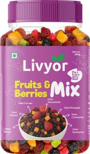 LIVYOR Fruits & Berries Mix | 7 in 1 Mix Dry Fruits Dried Pomelo, Blueberry, Cranberries, Strawberries, Pineapple, Papaya, Mango