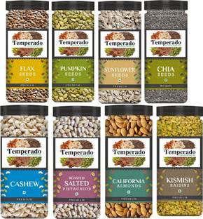 Temperado Combo Pack| Immunity Booster|100gm Each| Pumpkin, Flax, Sunflower, Chia seeds Cashews, Almonds, Raisins, Pistachios