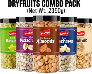 YUM YUM Dry Fruits Almond 500g, Cashew 500g, Pista 500g , Walnut Kernels 350g & Raisins 500g - 2350g (Jar) Almonds, Cashews, Walnuts, Pistachios, Raisins
