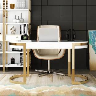 NG Decor Office Desk with 2 Drawers Stainless Steel Legs Lacquer Oval Desk in White Engineered Wood Office Table