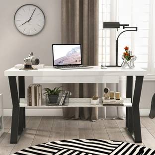 Kd Kohinoor Décor White Rectangular Writing Desk Computer Desk with Shelf & Drawer Engineered Wood Office Table