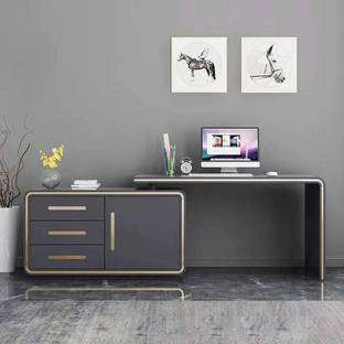 KDINTERIORS Modern Grey " L-Shaped Desk Corner Computer Desk with Cabinet Engineered Wood Office Table