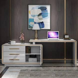 NG Decor 47" L-Shaped Desk Corner Rotating White Office Desk with 3 Drawers & Doors Engineered Wood Office Table