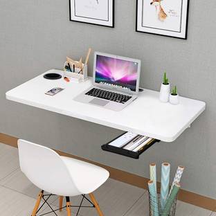 Torche (31 x 18.5 inches) Round cornered solid Wood Powder Coated Steel Wall-Mounted Folding Kitchen and Computer Table Office Table. (Matt White) Solid Wood Study Table