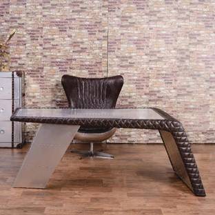 NG Decor 76" Aviator Desk with Storage Aluminum and Leather Office Desk Engineered Wood Office Table