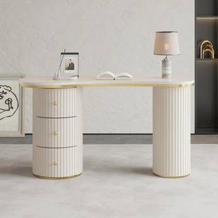 NG Decor Modern Off-White Curved Desk 3-Drawer Wooden Home Office Desk Double Pedestal Engineered Wood Office Table