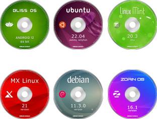 टेकीमेकी Top 6 Linux OS on 6DVDs, Ubuntu, ANDROID, Mint, ZORIN OS, Debian, MX Linux 64bit LATEST 64