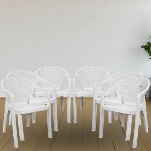 ITALICA Oxy Plastic Arm Chair Set of 6/Glossy + Matte Finish Chair for Outdoor Indoor Dining Room, Bedroom, Kitchen, Living Room/Strong & Study Structure Plastic Chair/5202 Set of 6 Chairs (43x56x78 Cm, White) Plastic Outdoor Chair