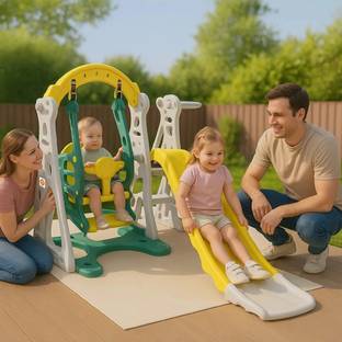 Ok Play 3 in 1 Penguin Play Set for Kids Slide Swing Basketball Outdoor Yellow & Green