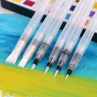 Qunex care Water Brush Pens Great for Watercolour, Calligraphy & Markers (3 Round & 3 Flat)