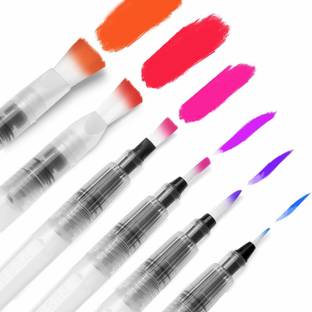 Qatalitic Water Brush Pens – Set of 6 Different Sizes (3 Round and 3 Flat Tips) Both in fine, Medium & Large sizes- Great for Watercolor Paints, Illustrations, Calligraphy, Markers - Refillable Brush Pens