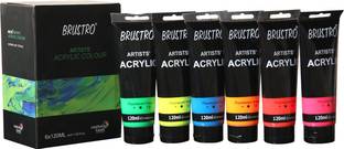 BRuSTRO Brustro Artists’ Acrylic 120ml, Pack of 6 Flourescent Shades (Red, Pink, Orange, Blue, Green & Yellow)
