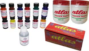 Atlas Colours Pigment Dyes used in fabric printing, screen printing ,block printing, multicolored set of 12 , with fixer and binder paste