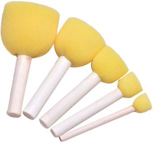 KRYTONE 5Pcs Round Stencil Yellow Sponge Dabber, Wooden Handle Foam Brush for Art Painting Sponge Brush