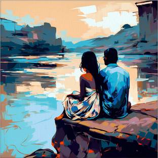 Wallfe Sitting Couple and River Modern Art Pine Wood Square Shape Matte Wall Paintings Canvas 20 inch x 20 inch Painting