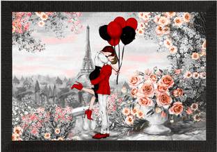 eCraftIndia Kissing Romantic Couple In Front of Eiffel Tower Valentine Theme Painting Ink 10 inch x 14 inch Painting