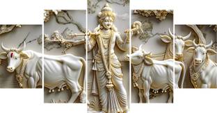 Illusion Vrindavan Grace Krishna Divine Love Wall Art(5 Panel,MDF,Textured Finish) Natural Colors 17 inch x 30 inch Painting