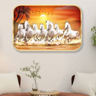 saf 7 Running Horses Sparkle Glossy Round Golden Framed Large Painting Digital Reprint 18 inch x 14 inch Painting