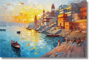Viventiq without frame varanasi ghat painting | ganga ghat painting | rolled quality Canvas 24 inch x 36 inch Painting