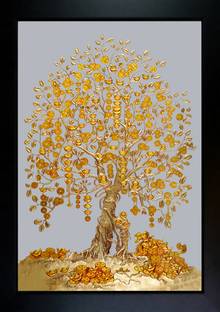 CrowdHall Golden Money Tree Photo Frame | Golden Money Tree Painting Digital Reprint 13.5 inch x 10 inch Painting