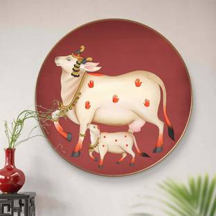 saf Large Round Pichwai Cow Wall Painting with golden frame Vinyl Sparkle laminated Digital Reprint 16 inch x 16 inch Painting