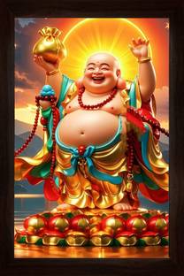 Threestar laughing buddha 10x14inch photo with frame Natural Colors 14 inch x 10 inch Painting