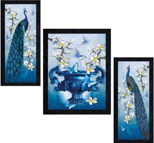 Poster N Frames Peacock Art Set of 3 with Acrylic Sheet (Glass) paintingPNF-1775 Digital Reprint 13.5 inch x 10.5 inch Painting