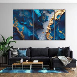 TheCastleDecor Blue Gold sparkle Set of 5 Big Size Multiple Frames Wall Painting Natural Colors 48 inch x 28 inch Painting