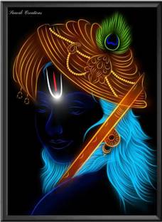 Sanvik Creations Lord Krishna Photo Frame, Glowing Face with Flute Wall Painting, Matt Finish Digital Reprint 8 inch x 6 inch Painting