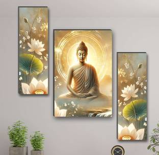 Wallwizard Set of 3 Buddha UV Textured Religious Theme Wall Painting Digital Reprint 18 inch x 12 inch Painting