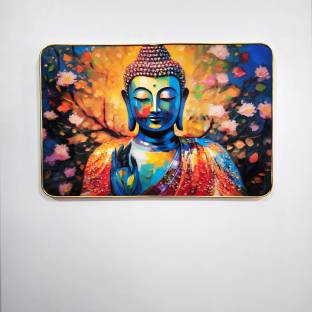 Masstone Buddha Meditation Crystal Embedded High Gloss Surface with Golden Slim Frame Embossed 12 inch x 18 inch Painting