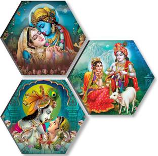 saf 17 inch Radha Krishna Set OF 3 Hexagon UV Textured Self adhesive Wall Painting Self Adhesive Sticker