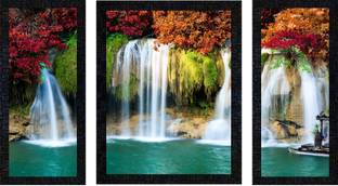 Poster N Frames Set of 3 with Acrylic Sheet (Glass) Vastu Waterfall Landscape Scenery -1165 Digital Reprint 14 inch x 22 inch Painting