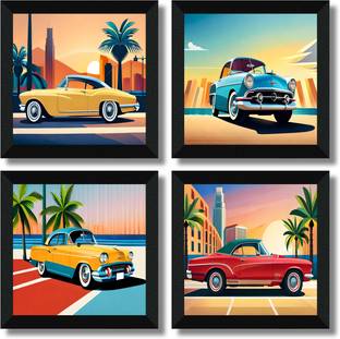 saf Set Of 4 Vintage Car Painting for Kids Room ,Study Room Digital Reprint 10 inch x 10 inch Painting